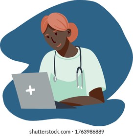 Female doctor working at a computer vector illustration