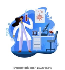 A female doctor works in a laboratory and conducts experiments. On the table there is a microscope test tubes and a flask on the wall there is a poster of coronavirus. Flat elements drawn by hand.