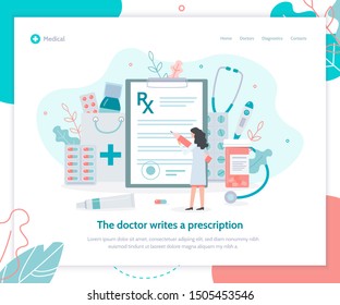 Female doctor writes a prescription. Concept for online medical service. Landing design template. Flat vector illustration.