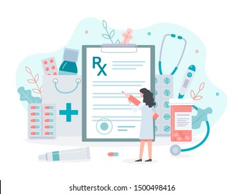 Female doctor writes a prescription. Medical concept with pills, drugs and clipboard. Flat vector illustration.