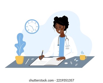 Female doctor writing medical prescription. African woman in white coat sitting at table and write recipe for patient. Healthcare and pharmacy concept. Vector illustration in flat cartoon style