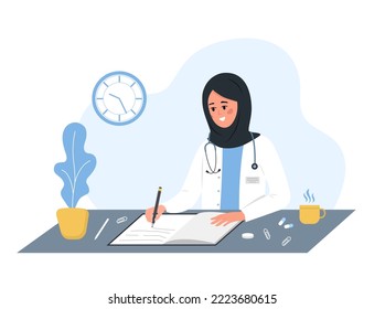 Médica mujer escribiendo una receta médica. Mujer islámica con abrigo blanco y hiyab sentada en la mesa y escribe la receta para el paciente. Concepto de salud y farmacia. Ilustración vectorial al estilo de las caricaturas.