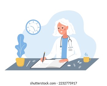 Female doctor writing medical prescription. Elderly woman in white coat sitting at table and write recipe for patient. Healthcare and pharmacy concept. Vector illustration in flat cartoon style.