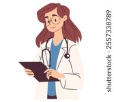 Female doctor writing something in notebook, listening to patient. Flat vector illustration, simple style, white background