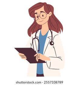 Female doctor writing something in notebook, listening to patient. Flat vector illustration, simple style, white background