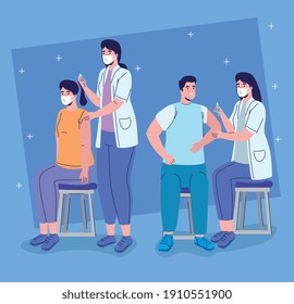 female doctors with covid19 vaccination vector illustration design