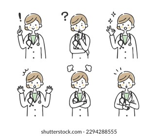 Female doctor's facial expression set.