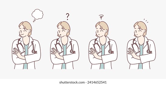 Female doctor's facial expression set. Hand drawn style vector design illustrations.