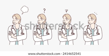 Female doctor's facial expression set. Hand drawn style vector design illustrations.