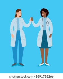 female doctors holding hands avatar characters vector illustration design