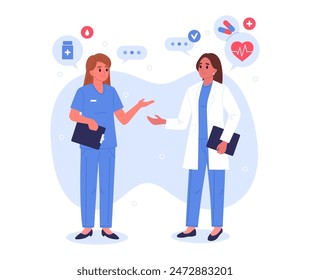 Female doctors. Medical clinic doctor characters conversation, professional medical workers flat vector illustration. Healthcare and medicine concept