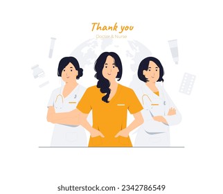 Female doctors and nurses in white coat with stethoscope, Group of hospital medical staff standing together with arms crossed. physicians, surgeon, paramedics, Front line heroes concept illustration