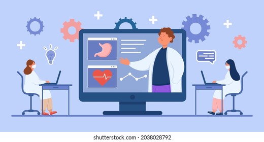 Female doctors or students watching medical webinar in class. Women learning about medicine from professional on online training platform flat vector illustration. Online education, healthcare concept