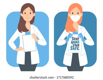 Сartoon female doctors in white coat and protective mask with message in hands. Flat vector illustration for banner, poster, web, print. Coronavirus Covid-19 awareness concept. Stay home, stay safe. 