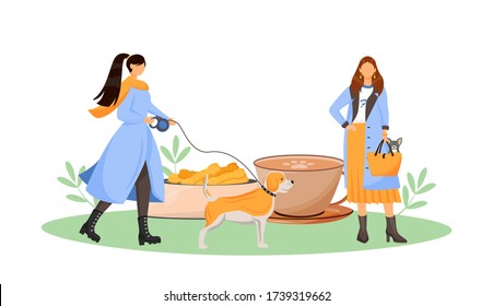 Female dog owner in cafe flat concept vector illustration. Pet friendly coffee shop and restaurant. Woman with terrier in bag 2D cartoon characters for web design. Pet care creative idea