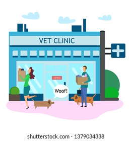 Female Dog Owner With Pet Goods Outside Vet Clinic Shop Storefront Vector Ilustration. Man Grooming Specialist Professional Service. Animal Store Veterinary Medicine Building Exterior