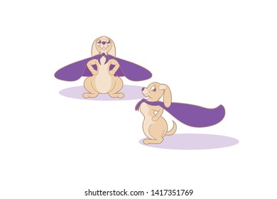 The female dog is sitting in a superhero pose. The picture combines delicate and bright colors.