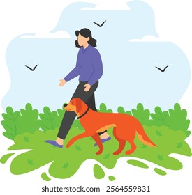 Female dog strolling or Walker concept, woman walking her dog or doggy daycare vector color icon design, Pet foster and hotel Symbol, kennel animals Sign, Human-animal interaction scene illustration