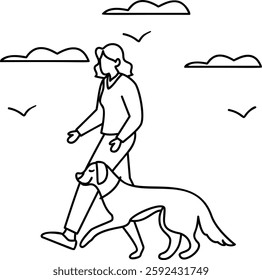 Female dog strolling or Walker outline concept, woman walking her dog or doggy daycare vector icon design, Pet foster and hotel Symbol, kennel animals Sign, Human-animal interaction scene illustration