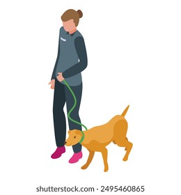 Female dog walker holding leash walking dog outside