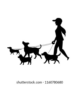 Female Dog Walker Sitter Walking With Group Of Pets Silhouette Vector Graphic