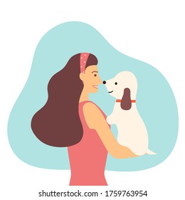 Female with dog.  Young beautiful woman holding and hugging pet with love, cozy relaxing friendship of girl and puppy in flat design vector illustration on white background.