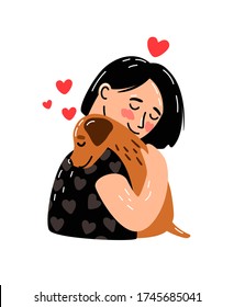 Female and dog. Young woman hugging pet with love, cozy relaxing friendship of girl and puppy, poster with red hearts isolated on white background, vector illustration