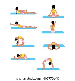 Female doing back stretching exercises. Woman Yoga set. Vector illustration