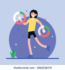 Una mujer haciendo investigación de datos en gráficos circulares, ilustración plana 