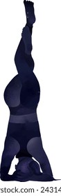 Mujer haciendo yoga de soporte de cabeza Sirsasana pose ilustración vectorial. Silueta dibujada a mano de mujer de pie en la cabeza, pose de yoga de meditación en el universo azul, colores del cielo estrellado. Ilustración de bienestar.