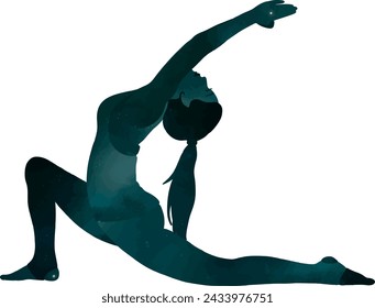 Female doing head stand yoga Crescent Pose – Anjanyeasana vector illustration. Hand drawn silhouette of woman standing on head, meditation yoga pose colorful silhouette. Wellbeing illustration.