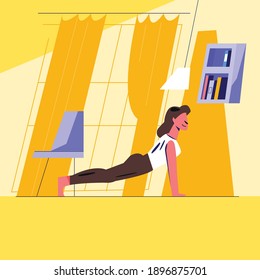 Female doing morning exercises, keeping fit indoors. Flat design illustration. Vector