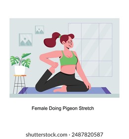 Female Doing Pigeon Stretch concept flat style stock illustration with background. EPS 10 File