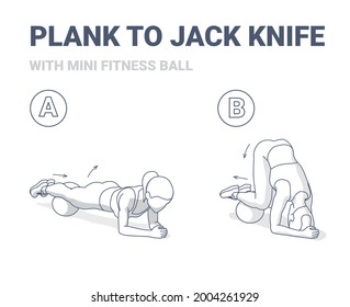 Female Doing Plank to Twist Jack Knife with Mini Fit Ball Home Workout Exercise Guidance Illustration. Concept of Girl Working at Home on Her Abs a Young Woman with Bare Ball Doing Plank to Pike.