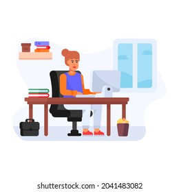 Female doing virtual job at workplace, flat vector download