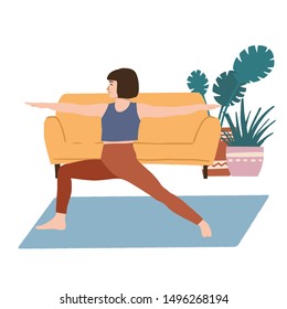 Female doing warrior pose flat hand drawn illustartion. Postcard, poster, t shirt desighn element.