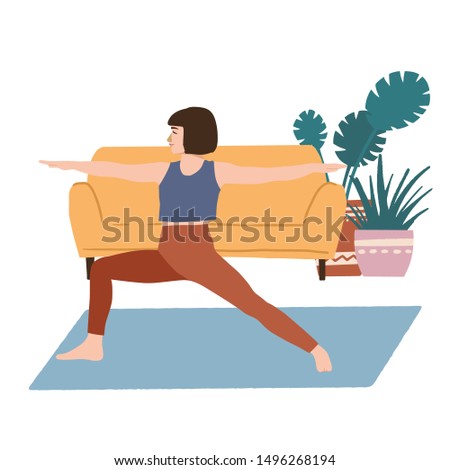 Female doing warrior pose flat hand drawn illustartion. Postcard, poster, t shirt desighn element.