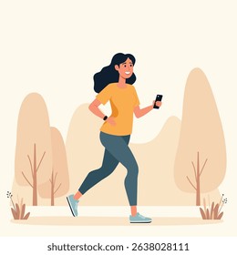 A female is doing work out with use smartphone and smartwatch at city park space