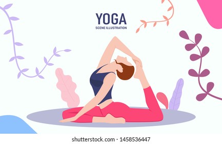 Female doing yoga exercise in front of floral background - vector illustration, yoga pose