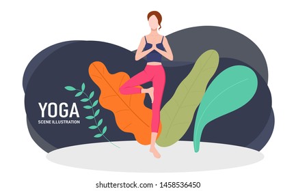 Female doing yoga exercise in front of floral background - vector illustration, yoga pose