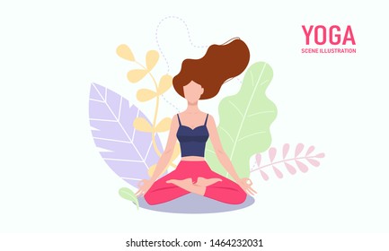 Female doing yoga exercise in front of floral background - vector illustration, yoga pose