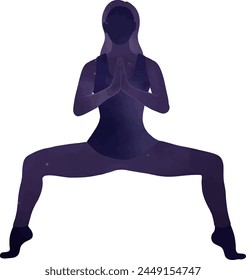 Female doing yoga Goddes pose vector illustration.  Woman silhouette minimalist vector illustration of Utkata Konasana. Wellbeing theme, healthy, practice. 