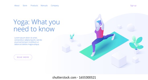 Female doing yoga or pilates pose in studio in isometric vector design. Concept for wellness or healthy lifestyle with woman exercising in lotus position. Web banner layout template.