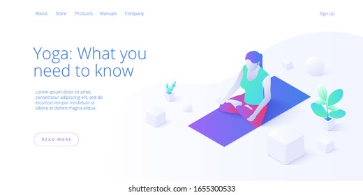 Female doing yoga or pilates pose in studio in isometric vector design. Concept for wellness or healthy lifestyle with woman exercising in lotus position. Web banner layout template.