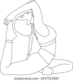  Female doing yoga in Sirsa Padasana pose vector outline illustration. Hand drawn silhouette of woman Feet To Head Pose linear vector illustration. Wellbeing illustration.
