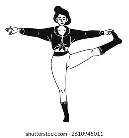 A female doodle character does yoga. The girl stands on one leg and performs the Padangusthasana pose. Healthy lifestyle. Vector hand-drawn black and white illustration