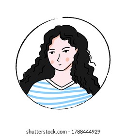 Female doodle portrait. Young woman with long curly hair in blue and white stripes shirt. Hand drawn face