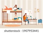 Female dormitory roommates live together. College students, friends on bunk bed. Concept of university lifestyle, friends sharing room. Flat cartoon vector illustration