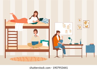 Female dormitory roommates live together. College students, friends on bunk bed. Concept of university lifestyle, friends sharing room. Flat cartoon vector illustration