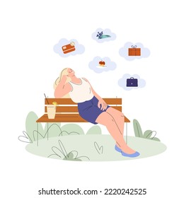 Female dream in park. Flat cartoon woman on bench think about money, gift and flowers, sweet cake and new bag. Dreams vector concept